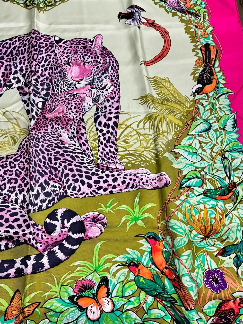 Hermes Pink & Green Leopard Silk Scarf
